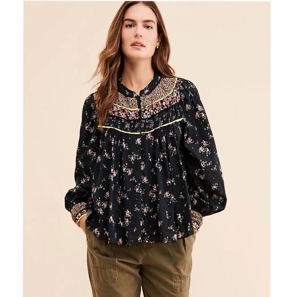 FREE PEOPLE Black Floral Paloma Pleated Printed Blouse Top Sz. M Medium - Picture 3 of 5